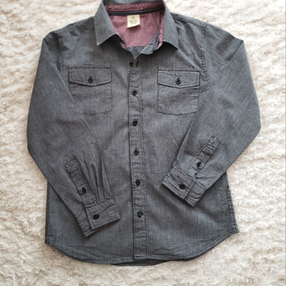 Boys Rustic Blue Long Sleeve Button Down with Maroon Accents in Size Large 10-12